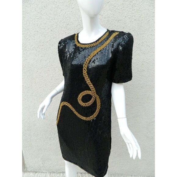 Patra Dress Vintage Size M/L Black Gold‎ Rope Sequin Beaded Cocktail Party - Picture 14 of 14